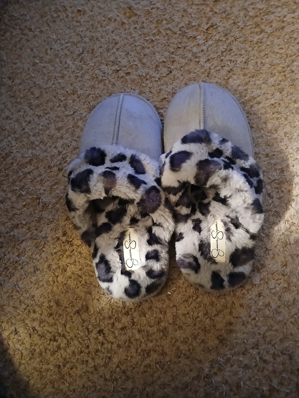 Jessica Simpson Leopard Faux Fur Slide Slippers in Taupe and Black